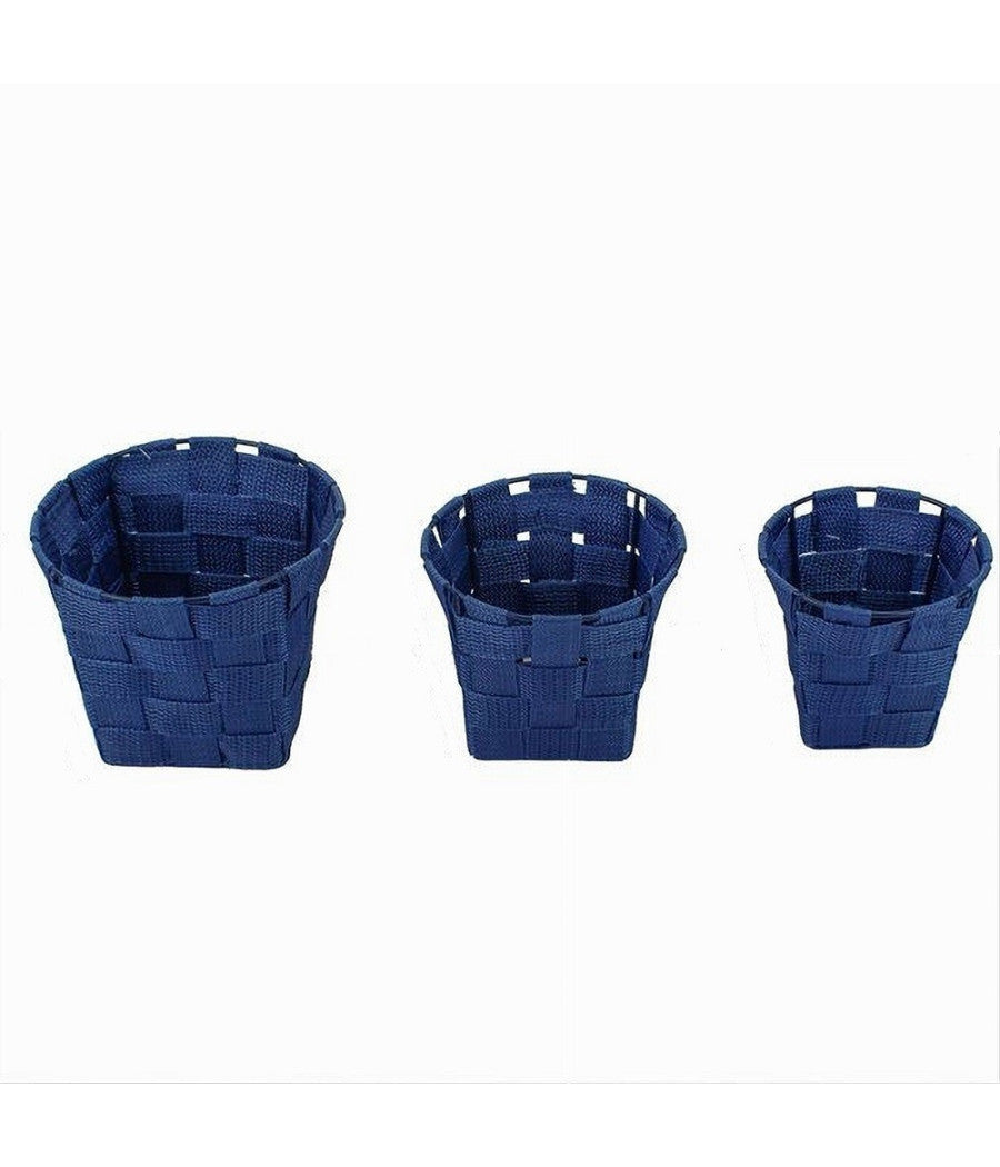 Set 3pz Cestini Rotondi Porta Oggetti In Tessuto Blu Per Bagno Casa Cucina 79046         