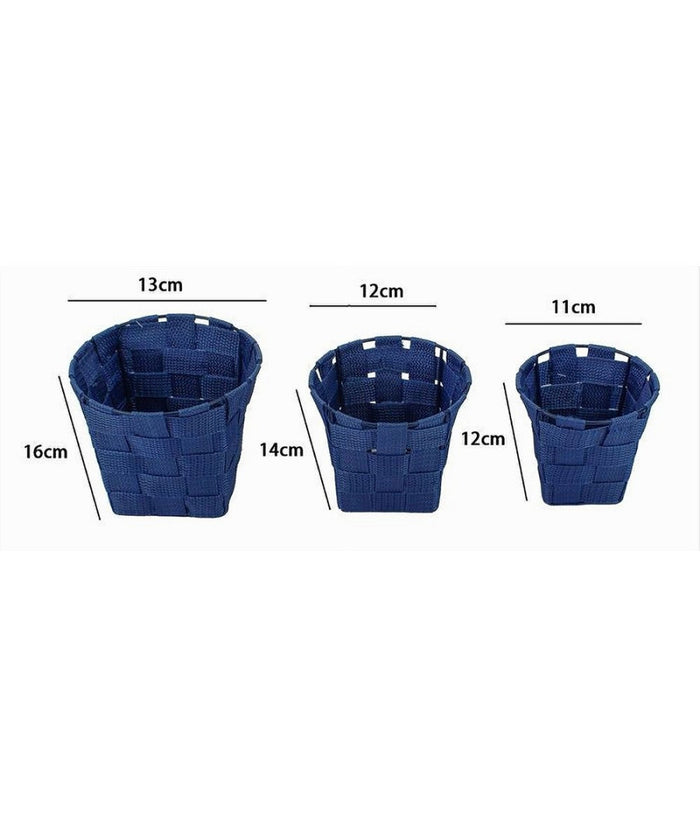 Set 3pz Cestini Rotondi Porta Oggetti In Tessuto Blu Per Bagno Casa Cucina 79046         
