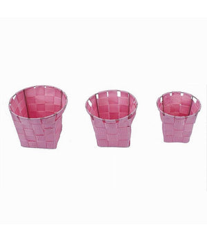 Set 3pz Cestini Rotondi Portaoggetti In Tessuto Rosa Per Bagno Casa Cucina 79047         