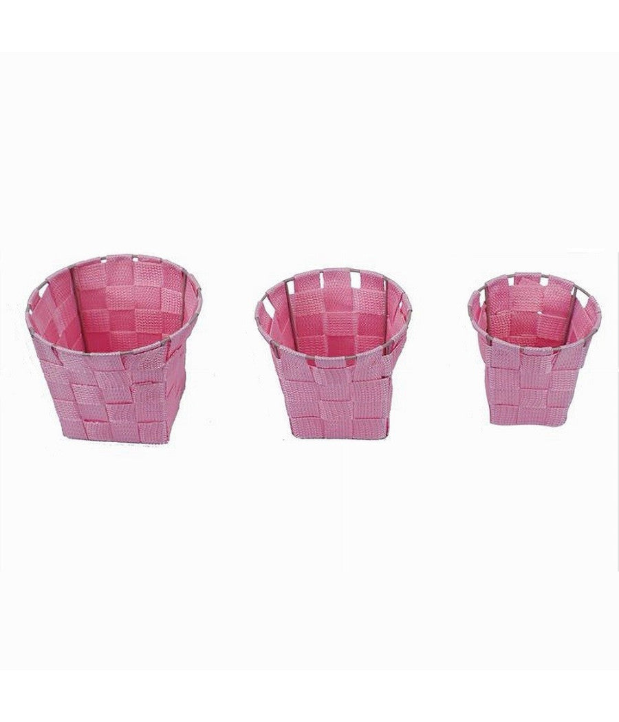 Set 3pz Cestini Rotondi Portaoggetti In Tessuto Rosa Per Bagno Casa Cucina 79047         