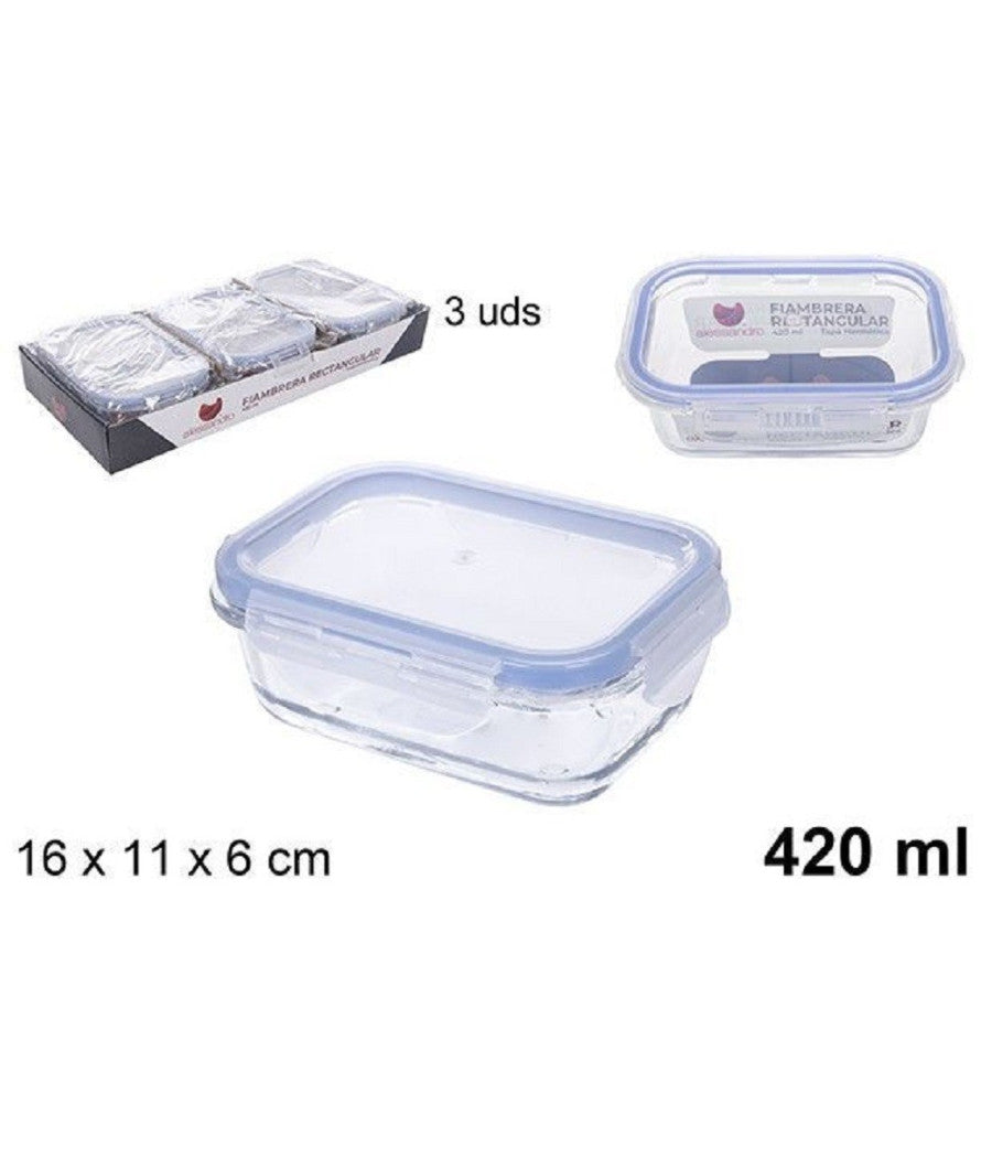 Set 3pz Contenitori Per Alimenti In Vetro Con Coperchio Di Plastica 420ml 110550         