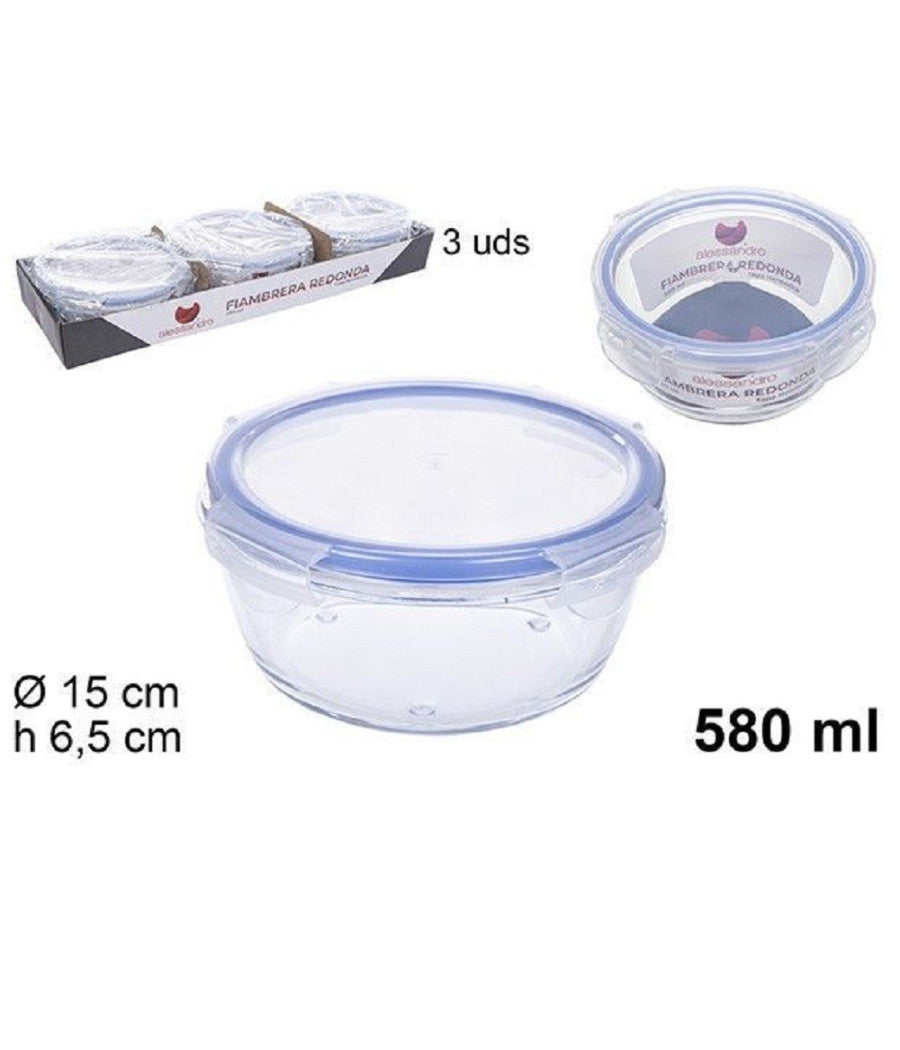 Set 3pz Contenitori Per Alimenti Vetro Tondo Con Coperchi Plastica 580ml 110549         