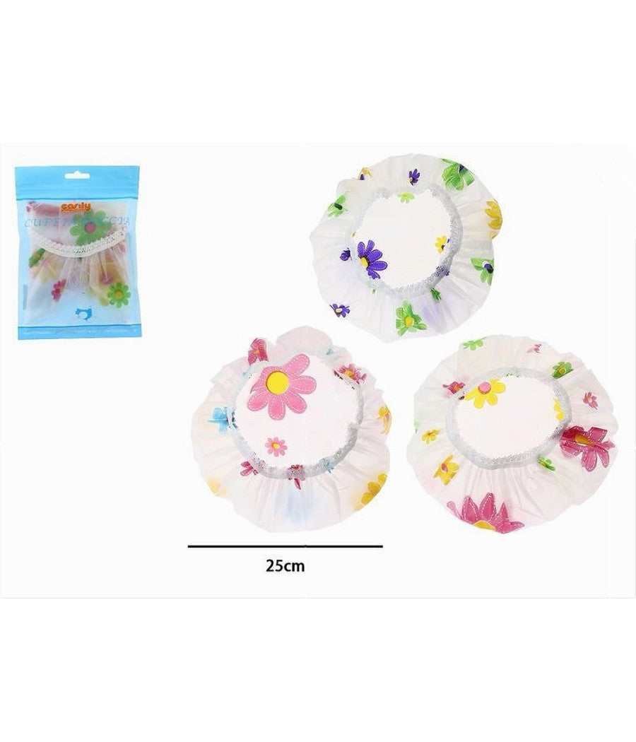 Set 3pz Cuffia Per Doccia Bagno Elastico Fantasia Floreale Protegge Capelli 87176         