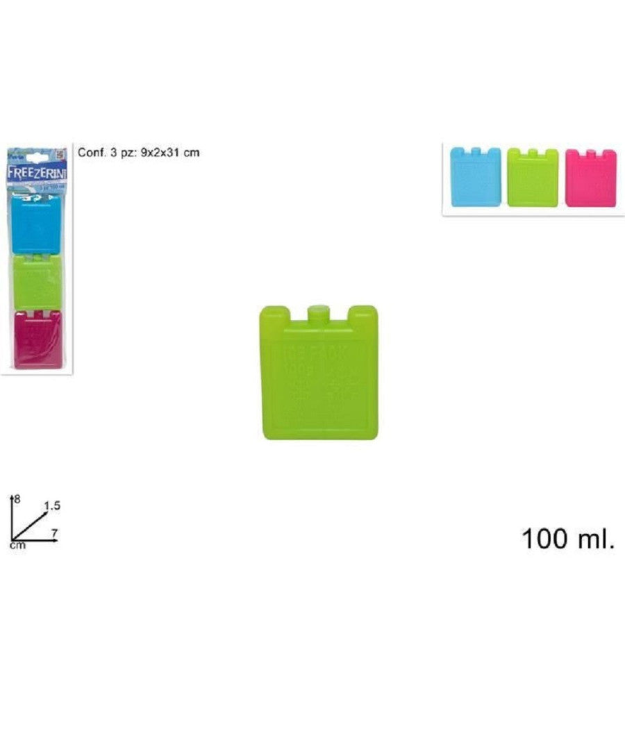 Set 3pz Freezerini 100 Ml 3 Colori 8x7cm Piastre Refrigeranti Per Borse Termiche         