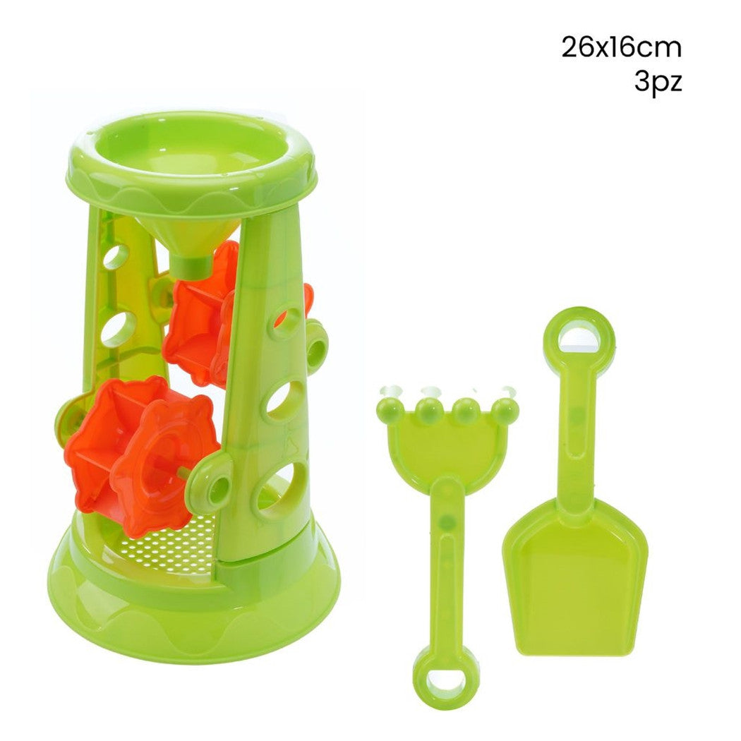 Trade Shop - Set 3pz Gioco Spiaggia Mare Con Mulino A Clessidra Paletta Rastrello 26x16cm 258257 -