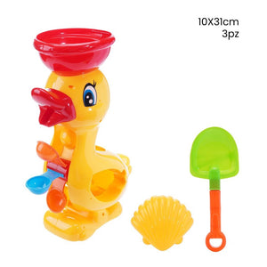 Trade Shop - Set 3pz Gioco Spiaggia Mare Con Mulino Forma Di Anatra Paletta Formina 10x31cm 258253 -