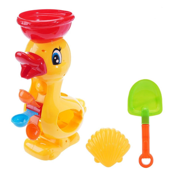Trade Shop - Set 3pz Gioco Spiaggia Mare Con Mulino Forma Di Anatra Paletta Formina 10x31cm 258253 -