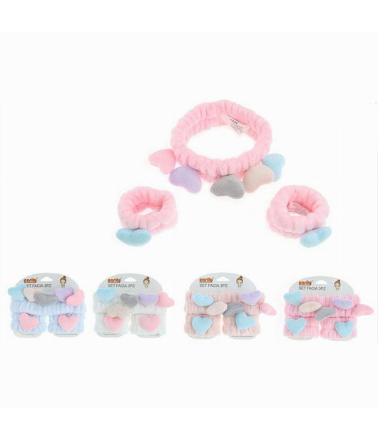 Set 3pz Polsini Fascia Capelli Con Cuori Colorati Lavaggi Viso Trattamenti 10751         