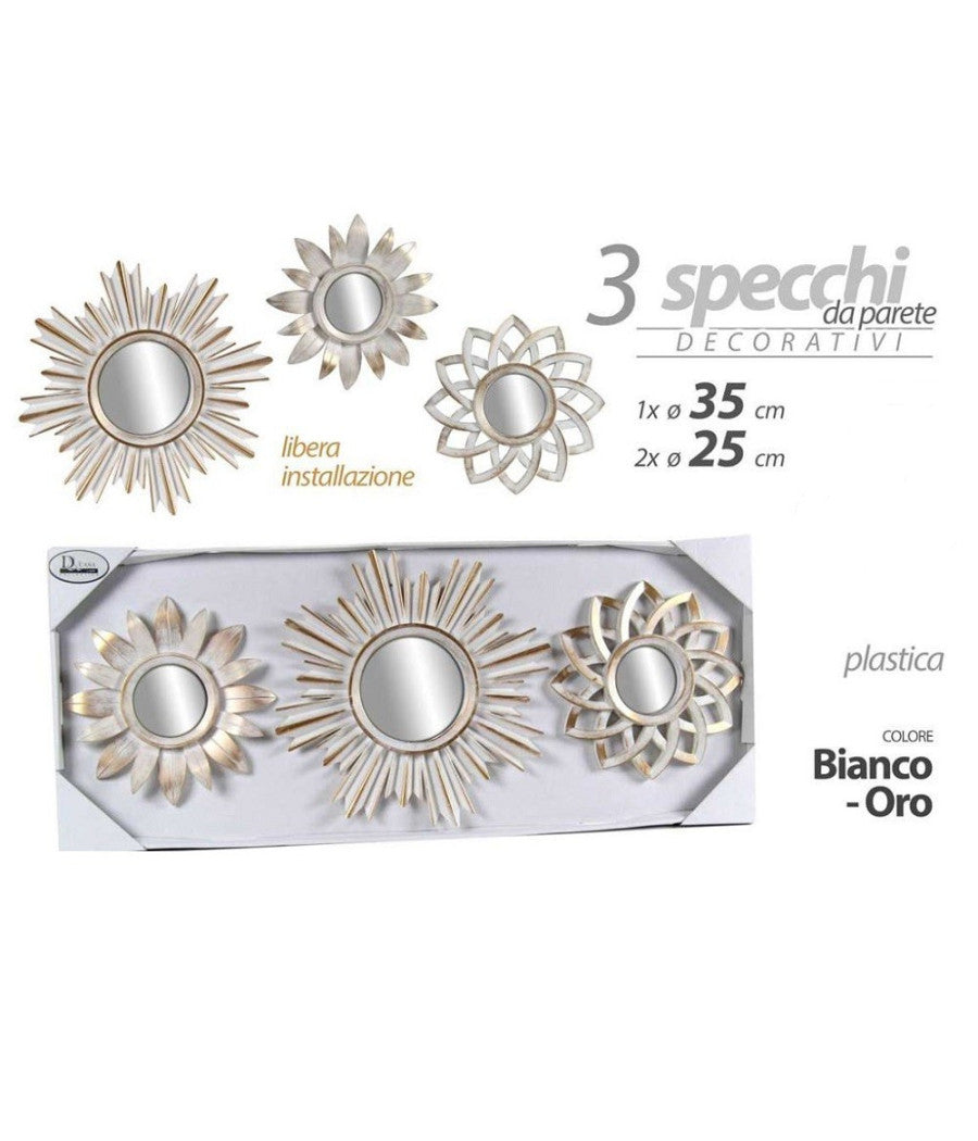 Set 3pz Specchi Da Parete Decorativi Bianco Oro 25/35cm Specchio Plastica 823923         