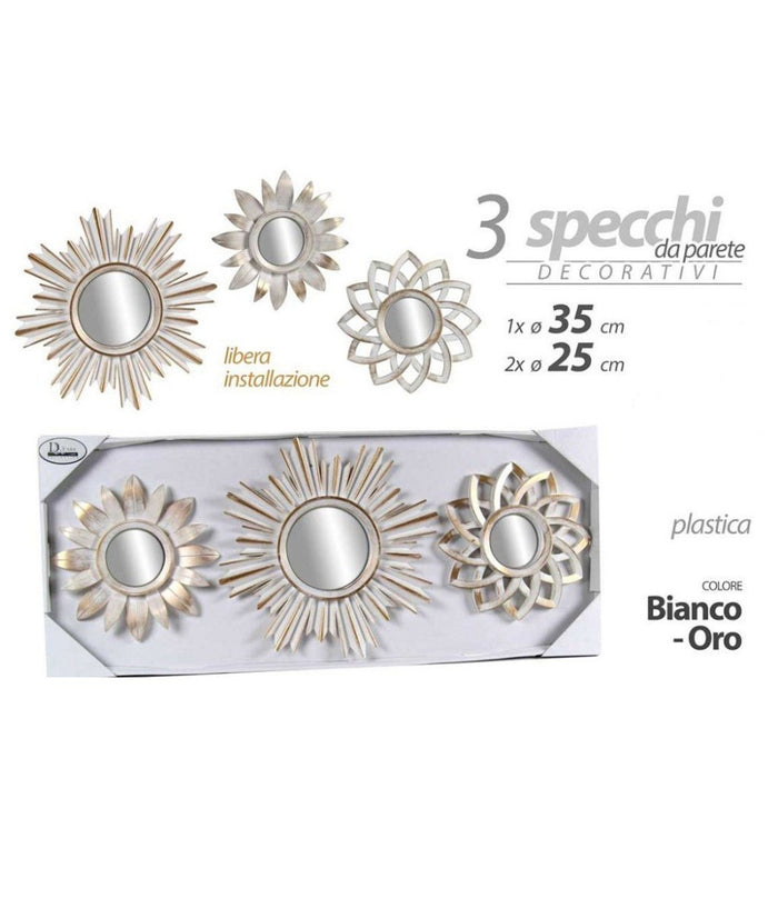 Set 3pz Specchi Da Parete Decorativi Bianco Oro 25/35cm Specchio Plastica 823923         