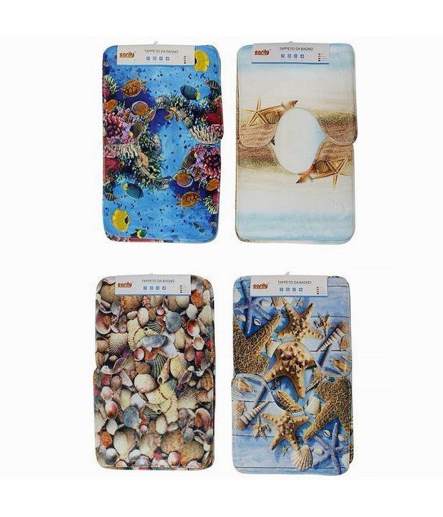 Set 3pz Tappeto Tappetini Tessuto Arredo Bagno Antiscivolo Fantasia Marina 79444         