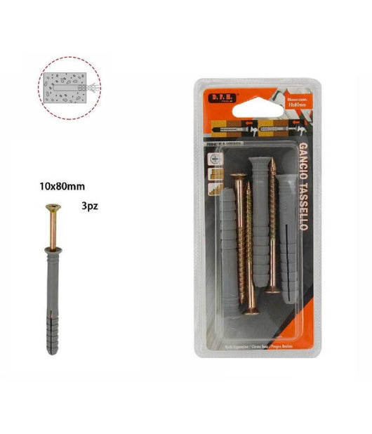 Set 3pz Tasselli Fisher Viti Vite Chiodi Gancio Tassello Misura 10 X 80 Mm 69056         
