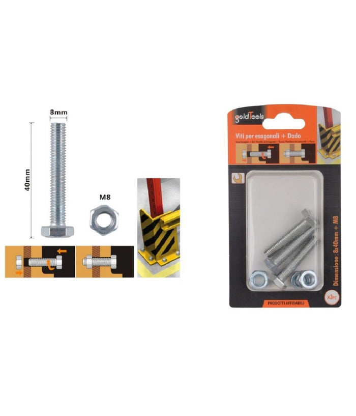 Set 3pz Vite Viti Per Esterno A Testa Esagonali 8 X 40 Mm Con Dadi Dado M8 90921         