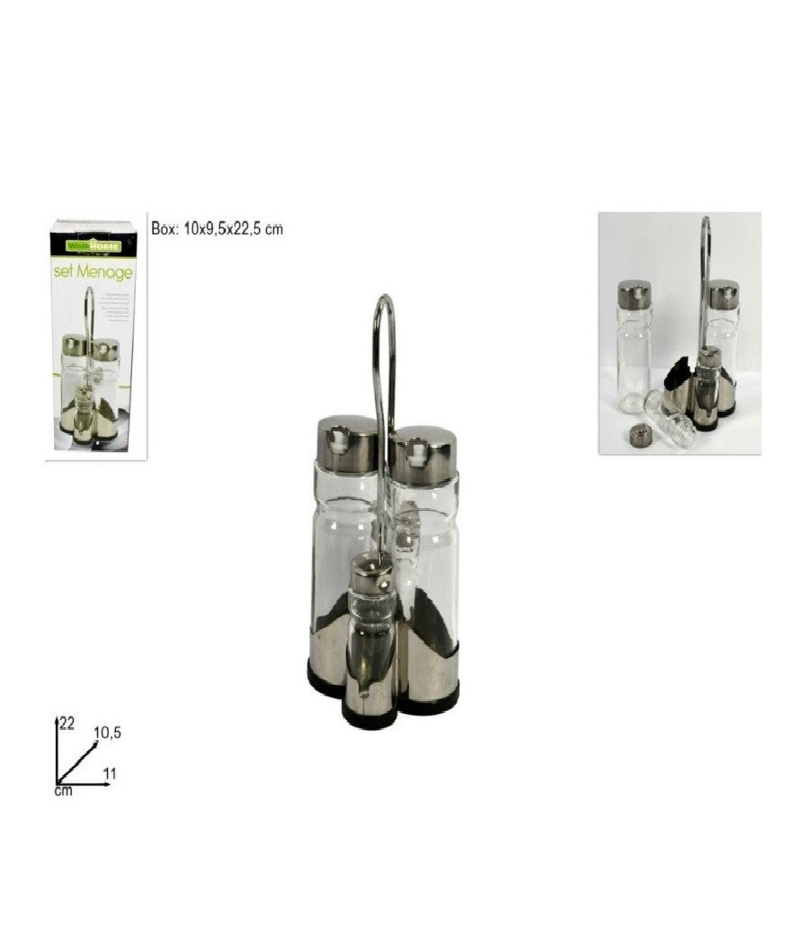 Set 4 Bottiglie Menage Per Olio Aceto Sale Pepe Tappo In Vetro Acciaio Dosatore         