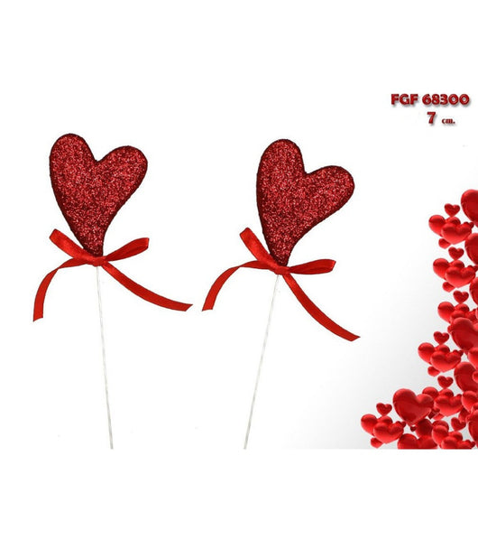 Set 4 Cuori Glitterati In Polistirolo Spillone Con Stand 7cm San Valentino 68300         