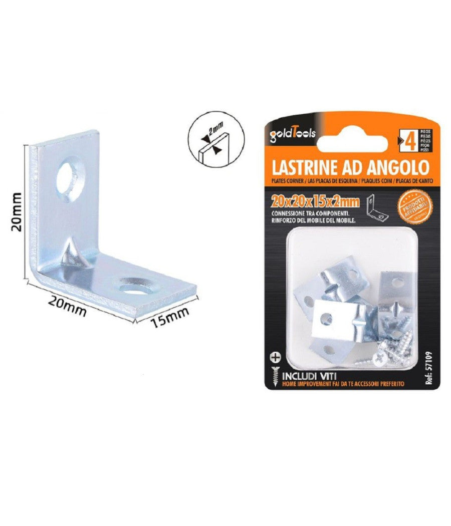 Set 4 Pezzi Lastrine Lastrina Ad Angolo 20x20x15x2mm Con Viti Per Mobili 57109         