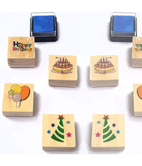 Set 4 Pezzi Timbri Effetto Legno Quadrato Happy Birthday Timbro Timbrini         