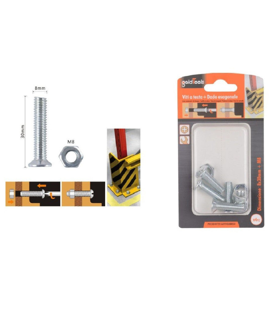 Set 4 Pezzi Viti Vite Testa A Croce Piatta 8 X 30 Mm Con Dado Esagonale M8 90948         