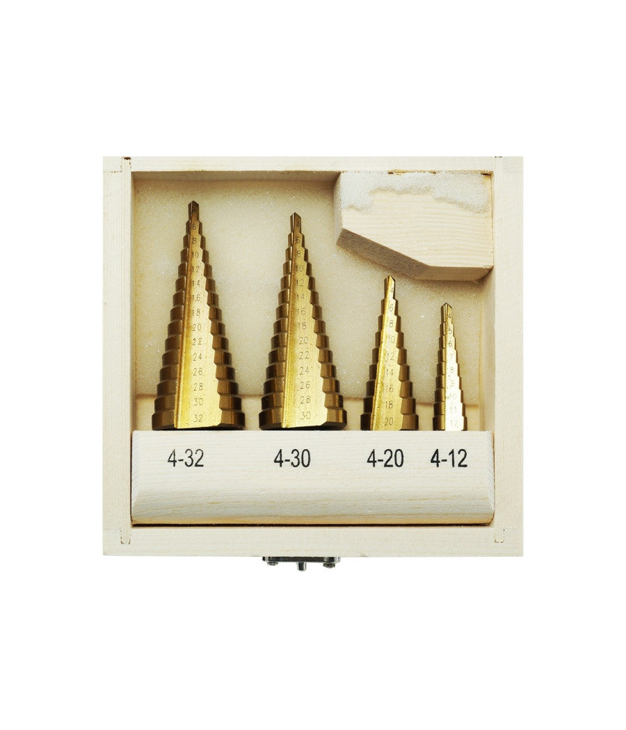 Set 4 Punte Frese Coniche Scalino Gradini Allargafori 4-32 4-30 4-20 4-12         