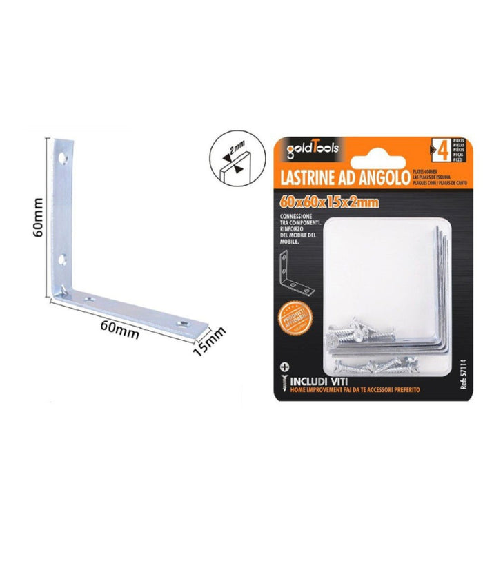 Set 4 Pz Lastrine Ad Angolo Lastrina Angolare 60x60x15x2mm Con Viti Mobili 57114         