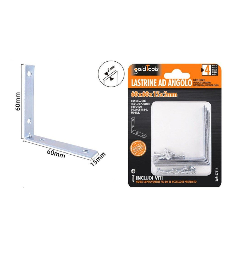Set 4 Pz Lastrine Ad Angolo Lastrina Angolare 60x60x15x2mm Con Viti Mobili 57114         
