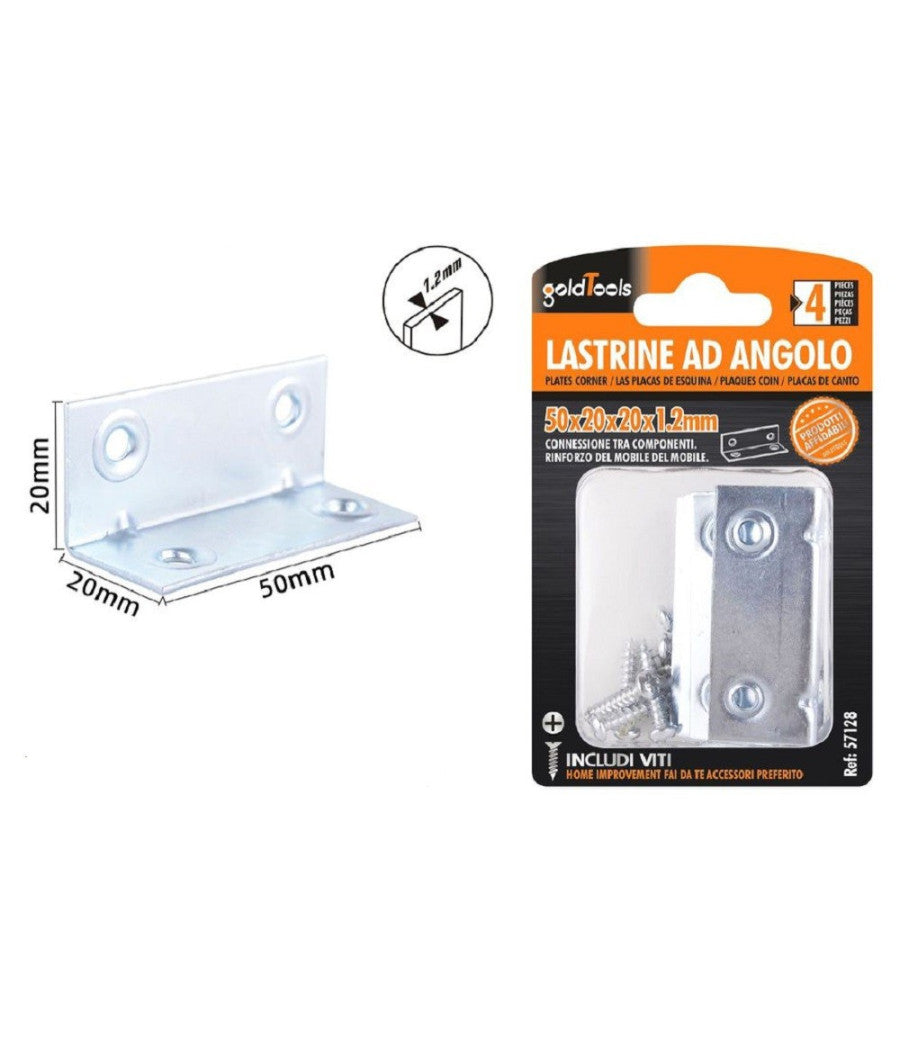 Set 4 Pz Lastrine Lastrina Ad Angolo Angolare 50x20x20x1.2 Mm Viti Mobili 57128         