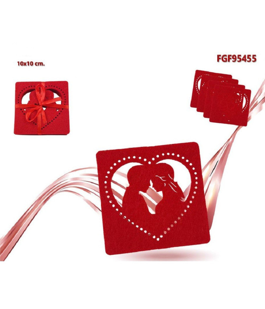 Set 4 Pz Sottobicchieri 10x10cm Quadrato Cuore Tessuto Rosso San Valentino 95455         