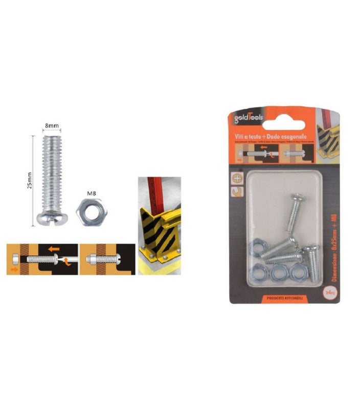 Set 4 Pz Viti Vite Testa A Croce Tonda 8x25mm Con Dadi Dado Esagonale M8 90984         
