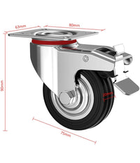 Set 4 Ruote Piroettanti Per Carichi Pesanti Girevole 360° Con Freno 80x63x H90mm         
