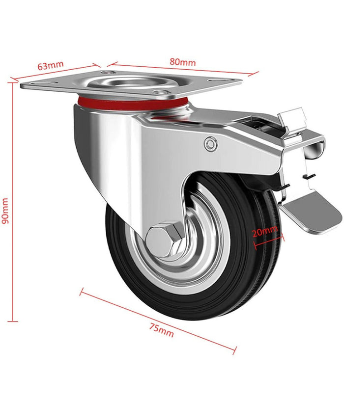 Set 4 Ruote Piroettanti Per Carichi Pesanti Girevole 360° Con Freno 80x63x H90mm         