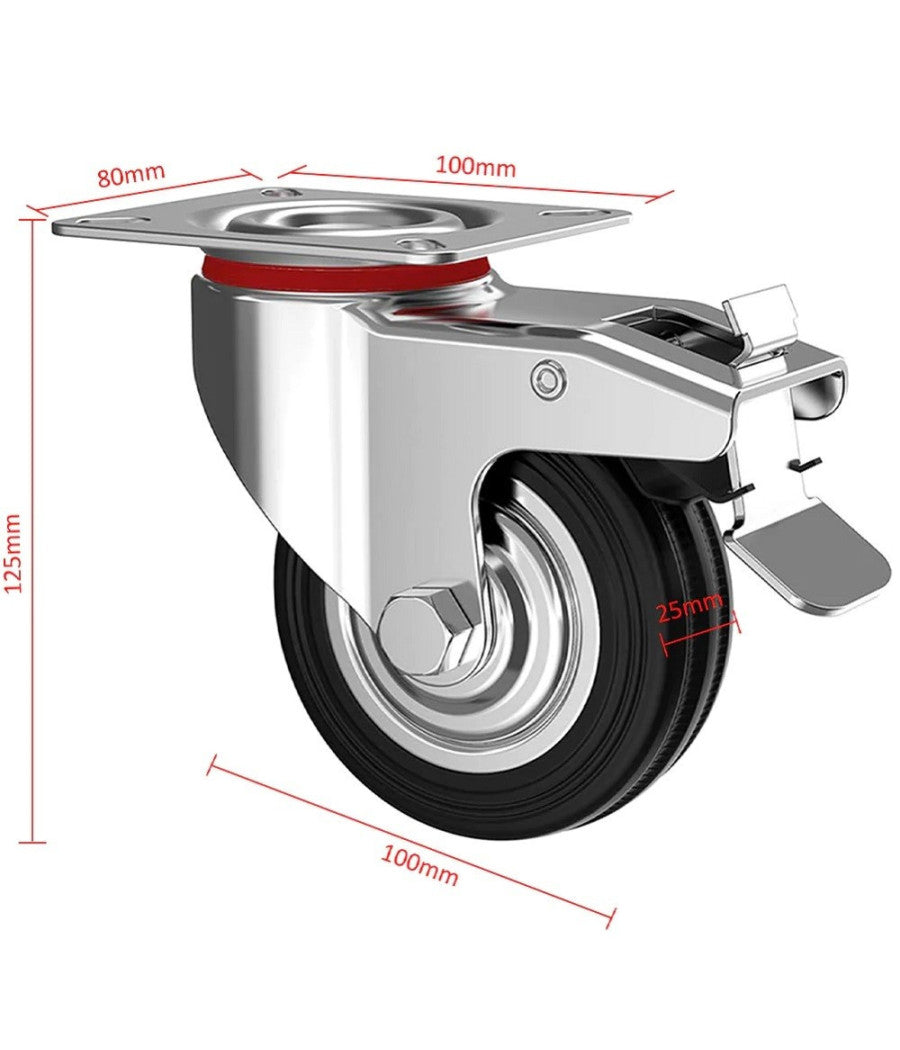 Set 4 Ruote Piroettanti Per Carichi Pesanti Girevole 360° Con Freno 80x63x H90mm         