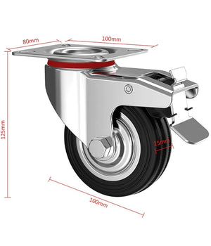 Set 4 Ruote Piroettanti Per Carichi Pesanti Girevole 360° Con Freno 80x63x H90mm         