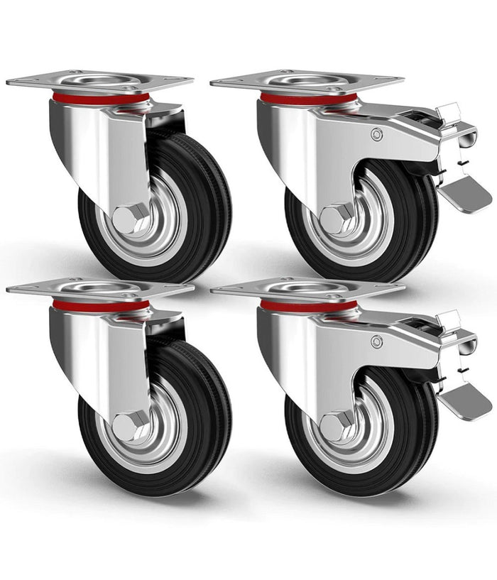 Set 4 Ruote Piroettanti Per Carichi Pesanti Girevole 360° Con Freno 80x63x H90mm         