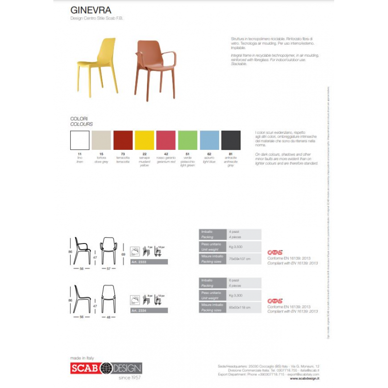 SET 4 SEDIE GINEVRA TECNOPOLIMERO CON BRACCIOLI SCAB DESIGN - Lino 11