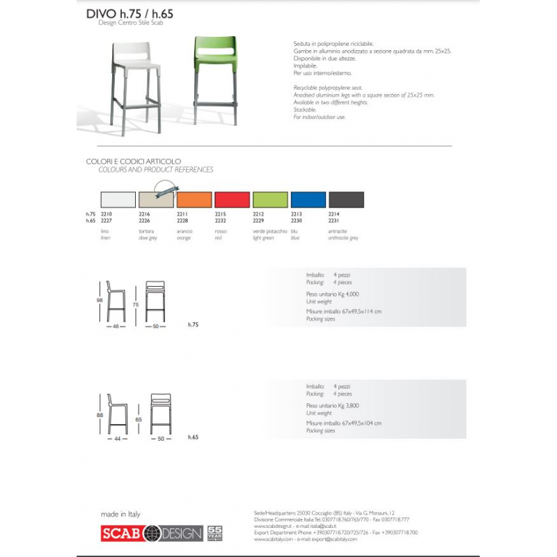 SET 4 SGABELLI DIVO TECNOPOLIMERO HT 75CM MADE IN ITALY SCAB DESIGN - Antracite 81