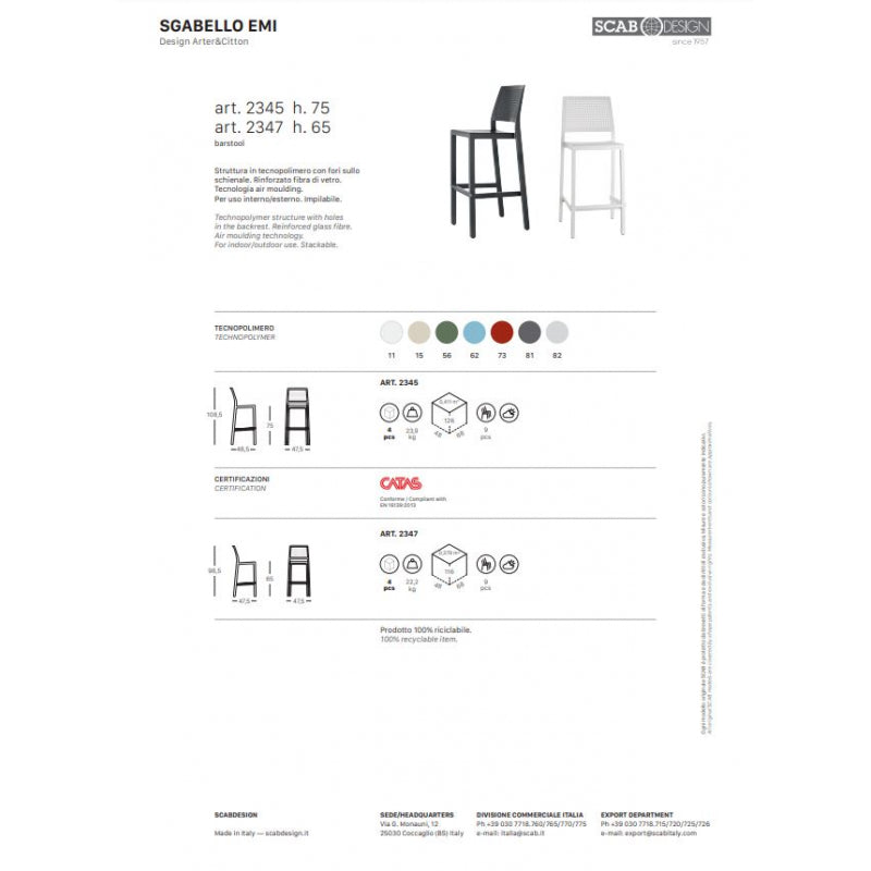 SET 4 SGABELLI EMI TECNOPOLIMERO HT 65CM MADE IN ITALY SCAB DESIGN - Tortora 15