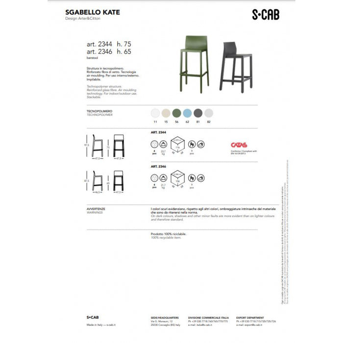 SET 4 SGABELLI KATE TECNOPOLIMERO HT 65CM MADE IN ITALY SCAB DESIGN - Verde oliva 56