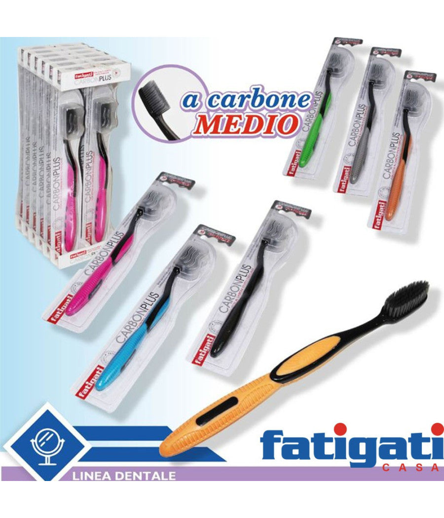 Set 4 Spazzolini Sbiancanti Carbon Plus Medio Fatigati Particelle Carbone Attivo         