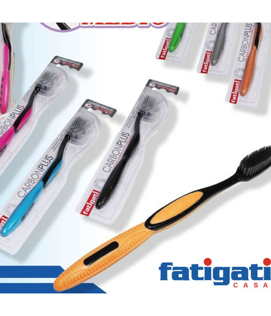 Set 4 Spazzolini Sbiancanti Carbon Plus Medio Fatigati Particelle Carbone Attivo         