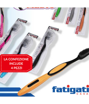 Set 4 Spazzolini Sbiancanti Carbon Plus Medio Fatigati Particelle Carbone Attivo         