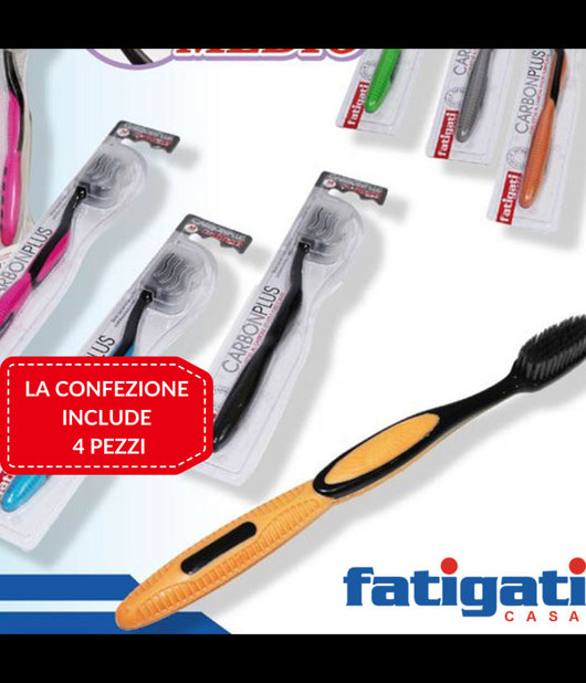 Set 4 Spazzolini Sbiancanti Carbon Plus Medio Fatigati Particelle Carbone Attivo         