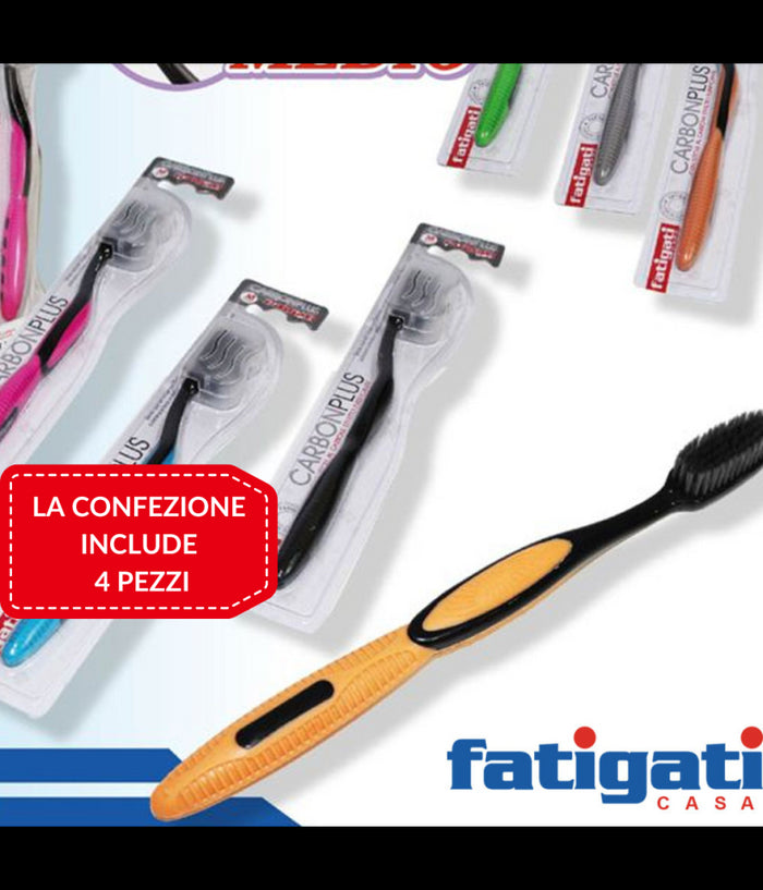 Set 4 Spazzolini Sbiancanti Carbon Plus Medio Fatigati Particelle Carbone Attivo         