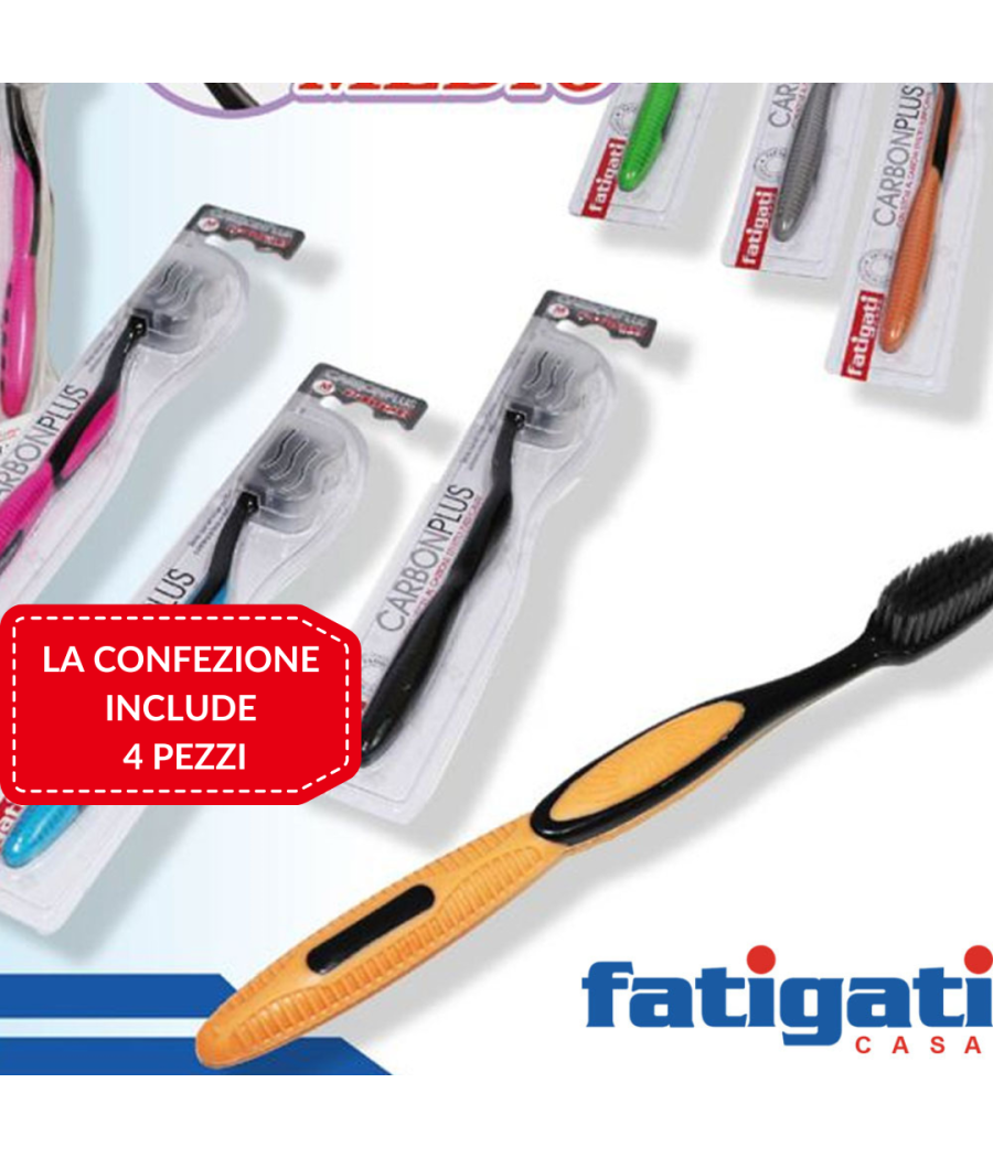 Set 4 Spazzolini Sbiancanti Carbon Plus Medio Fatigati Particelle Carbone Attivo         