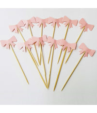 Set 24 Pezzi Stuzzicadenti Fiocco Rosa Per Cupcake Per Festa Aperitivo Snack         