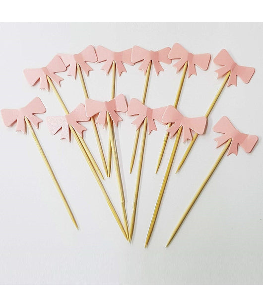 Set 24 Pezzi Stuzzicadenti Fiocco Rosa Per Cupcake Per Festa Aperitivo Snack         