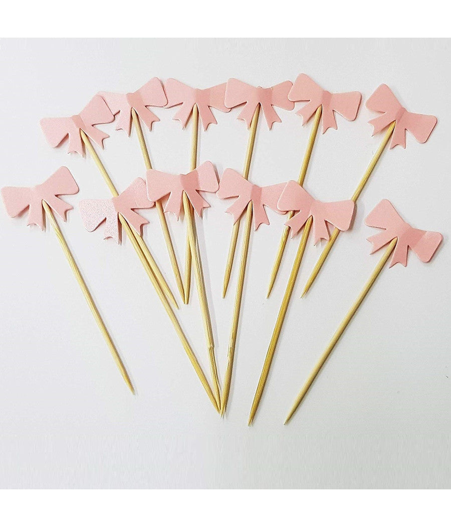 Set 24 Pezzi Stuzzicadenti Fiocco Rosa Per Cupcake Per Festa Aperitivo Snack         