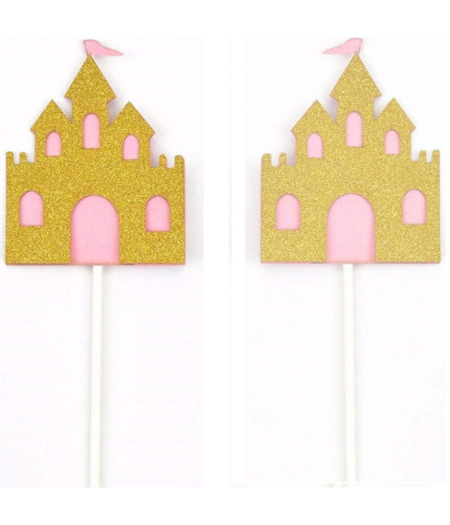 Set 12 Pezzi Stuzzicadenti Castello Glitter Cupcake Oro Rosa Brillantinato Festa         