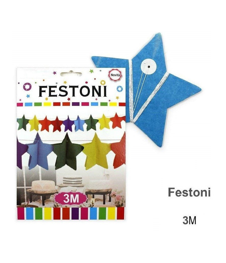 Set 3 Pezzi Festoni Carta Stelle 3 Metri Stella Colorati Bandierine Feste         