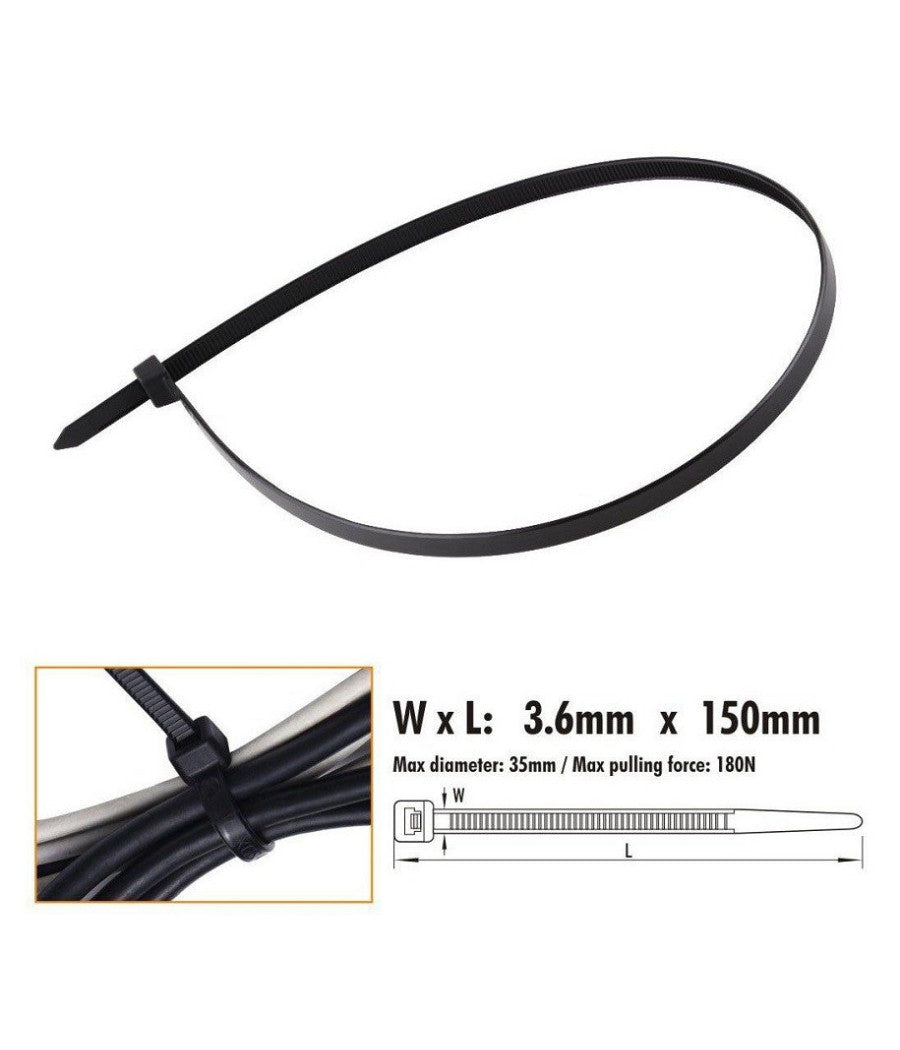 Set 40 Pz Fascette Cavi Cavo Nero Stringenti In Plastica Nylon 3.6x150 Mm 92380         