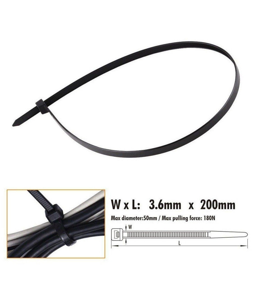 Set 40 Pz Fascette Cavi Cavo Nero Stringenti In Plastica Nylon 3.6x200 Mm 92381         